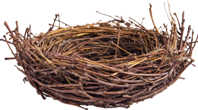 Empty bird nest crafted from intertwined twigs on transparent background