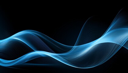 Obraz premium Light blue dynamic wave on black background abstract banner poster cover header backdrop design copy space