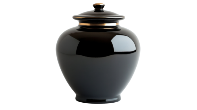 Black ceramic funeral urn with gold trim on transparent background