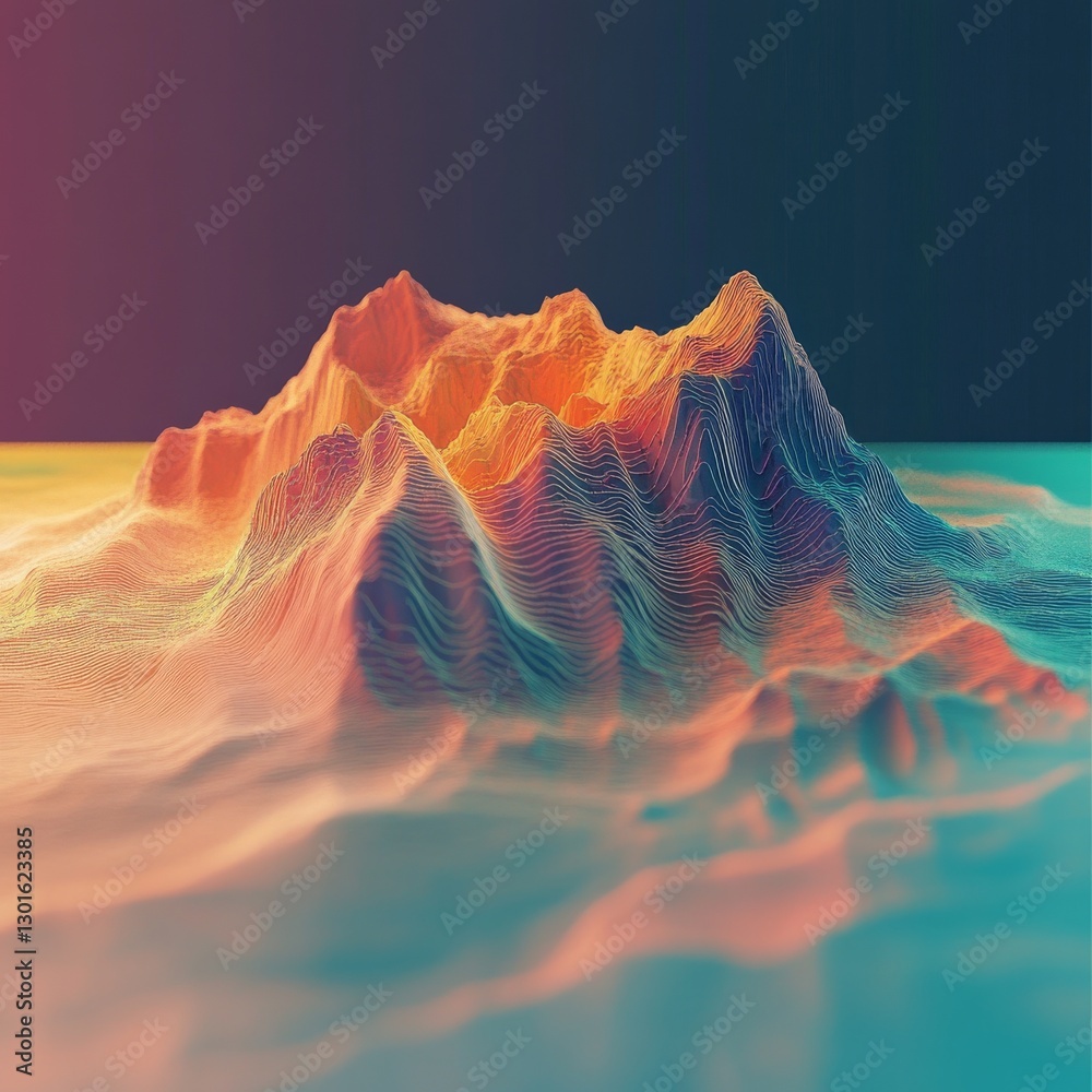 Poster abstract topographic landscape with vibrant gradient lines and a dramatic dark background