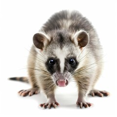 A focused close-up of an opossum, its gentle features and soft fur framed against a neutral white background.