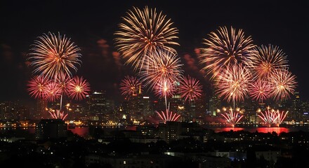Fototapeta premium Fireworks Exploding Over City Skyline at Night Celebrating New Year's Eve