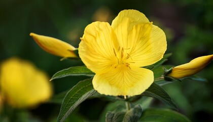 Oenothera biennis, Evening primrose yellow flowers in the herb garden