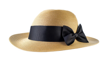 Elegant straw hat with black bow on transparent background