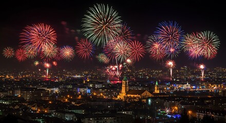 Obraz premium Fireworks Exploding Over City Skyline at Night Celebrating Festival Event