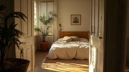 Sunny bedroom interior, warm light, cozy room, rustic style