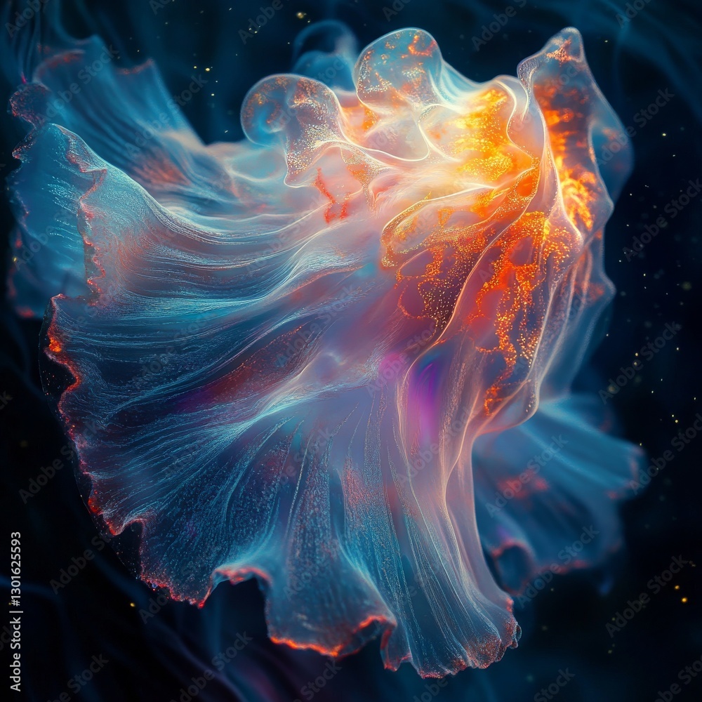 Poster luminous nebula: abstract rendering of fluid dynamics and light, with an ethereal glow and sparkling