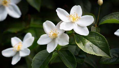 Obraz premium Philidelphus coronarius (common Seringa, Jasmine of poets). Delicate white flowers against dark green leaves