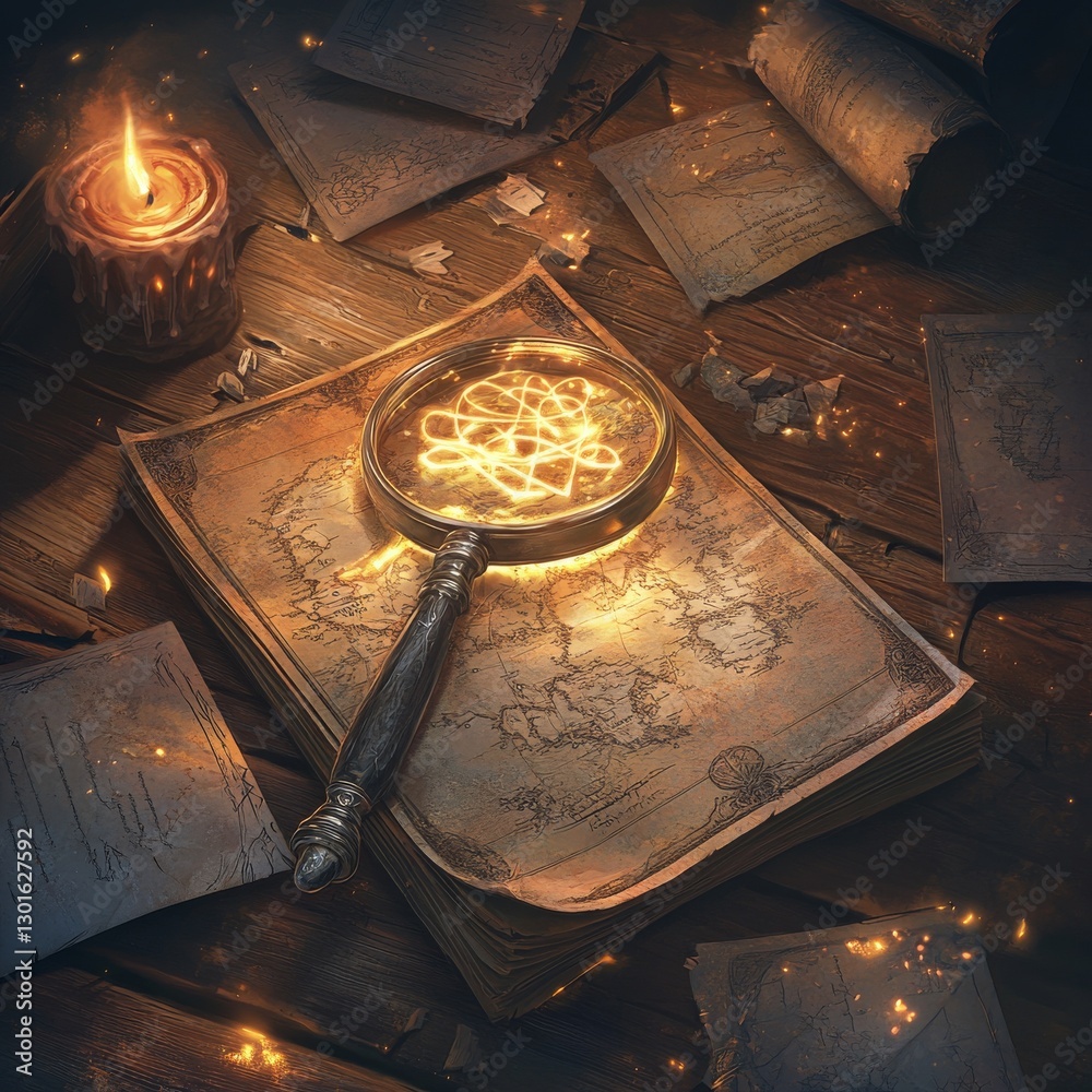 Aufkleber unraveling the past: a magnifying glass illuminates ancient maps by candlelight on a rustic wooden t