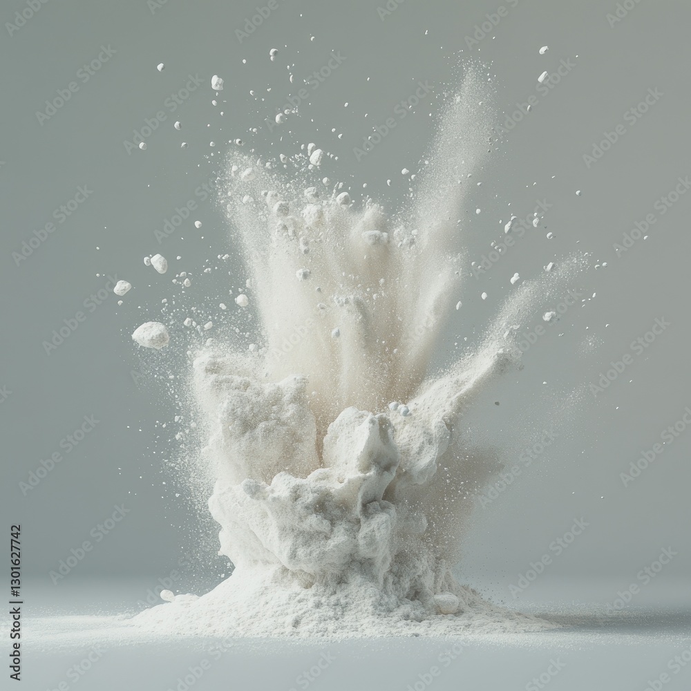 Poster white powder explosion: a detailed study of fine particles in motion, revealing texture and dynamics