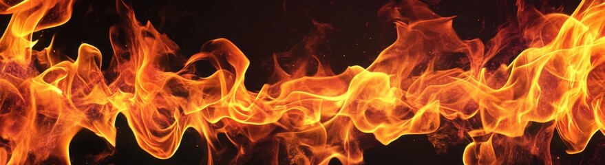 Fototapeta premium Fiery flames isolated on a black background, a horizontal banner with a copy space area