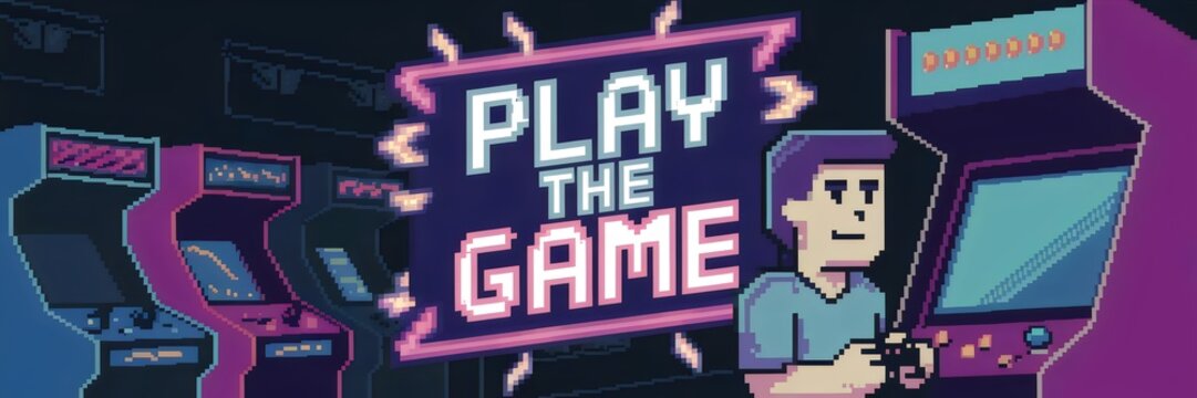 Pixelated 8-bit retro arcade with neon "PLAY THE GAME" sign – Great for vintage gaming content, 8-bit nostalgia, or retro gaming enthusiasts.
