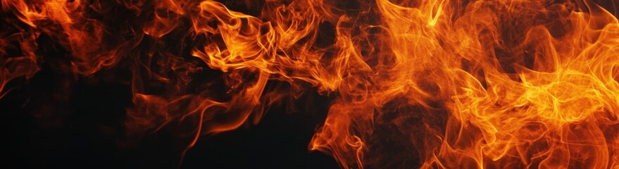 Fototapeta premium Fiery flames isolated on a black background, a horizontal banner with a copy space area