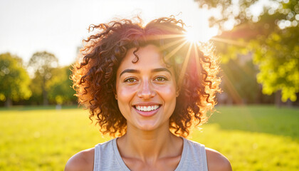 Smiling woman standing in a sunlit park. peace of mind, harmony, feelings, emotions, joy, happiness, people hugging, couple in love, smiling face,