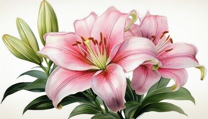 Fototapeta premium Pink lily flower with green leaf isolated on white background