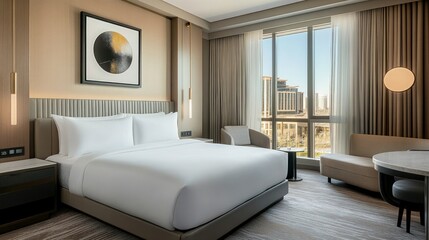 Modern hotel room with city view, comfortable bed, and contemporary design