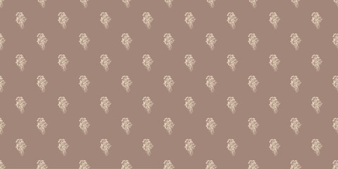 Pattern flowers seamless. Delicate, light wild flowers on a brow, mocha mousse background. For fabric, paper gift, textile, fashion design, home decor. Vintage style, retro, boho.