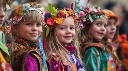 Fototapeta premium Adorable Children Wearing Colorful Flower Crowns Festive Traditional Handmade Costumes Happy Smiling Girls Spring Celebration Bright Clothing Joyful 