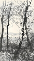 Gloomy Forest Landscape Sketch with Tall Leafless Trees and Overcast Sky, Radiating an Eerie Sense of Isolation