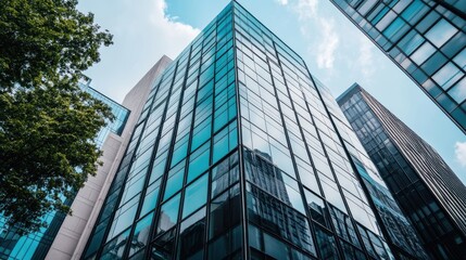 Fototapeta premium Modern Glass Buildings Against Blue Sky with Dramatic Cloud Patterns