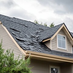 Weathered roof shingles on residential house under cloudy sky