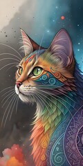 Stylized Cat Illustration with Intricate Patterns and Celestial Background