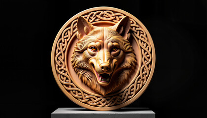 Celtic wolf carving in wood, showcasing mythic symbolism