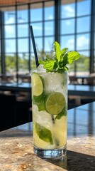 Refreshing Cuban mojito cocktail garnished with fresh mint and lime served on a sunlit bar counter in a tropical setting