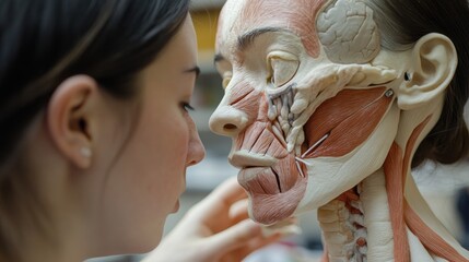 Woman studying detailed anatomical face model.