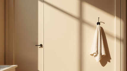 A towel hanging on a hook near the door