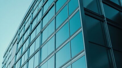 Obraz premium Modern Office Building with Reflective Glass Windows and Clear Sky
