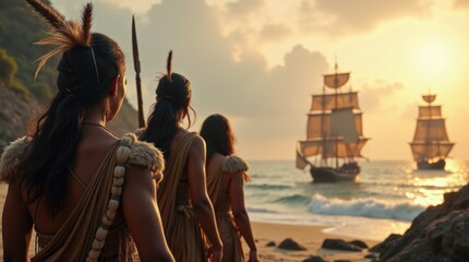 Native Americans watch as European ships approach their shores in 1492, marking a significant moment of cultural encounter and change in history. Tension fills the air as they stand vigilant