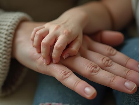 A baby’s tiny hand grasping an elderly grandparent's finger, close-up of the contrast between soft and wrinkled skin, capturing a touching moment of generational connection.