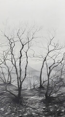 Gloomy Forest Landscape Sketch with Tall Leafless Trees and Overcast Sky, Radiating an Eerie Sense of Isolation