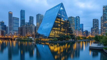 Fototapeta premium Chicago Modern Architecture Reflection Dawn Cityscape