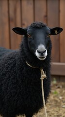 Obraz premium Vertical image of a black Qurbani sheep tied with rope by a wooden fence, highlighting ritual tradition.
