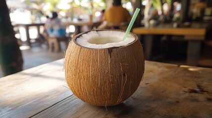 Fresh coconut drink on beachside patio, people relaxing in background