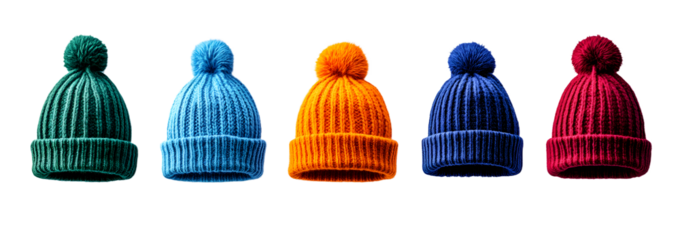 Set of colorful wool beanies hat over isolated transparent and white background