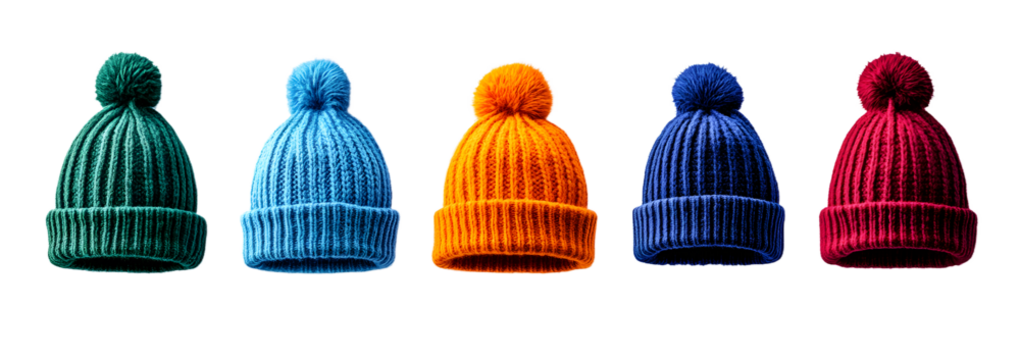 Set of colorful wool beanies hat over isolated transparent and white background