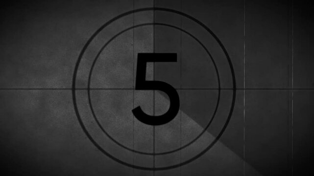 10 seconds vintage film countdown on white with vignette faded isolated background. Old retro wipe rolling effect. Scratches, details and noise. Dusty and grainy feel