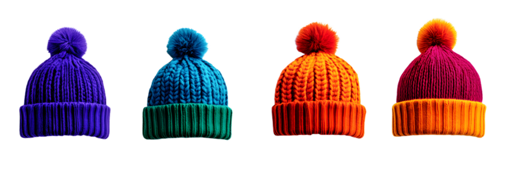 Set of colorful wool beanies hat over isolated transparent and white background