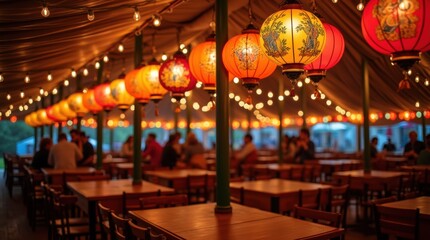 Wide view of vibrant Oktoberfest lanterns illuminating a beer tent with wooden tables and Bavarian decor, festive vibe.