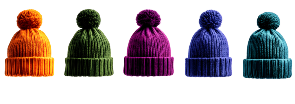 Set of colorful wool beanies hat over isolated transparent and white background