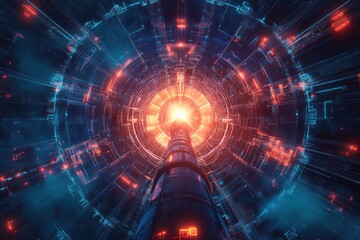 Obraz premium Futuristic tunnel with glowing lights and digital elements.
