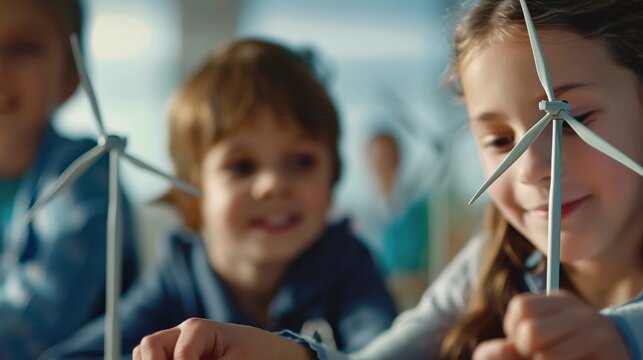 Children Learning About Renewable Energy With Wind Turbine Models