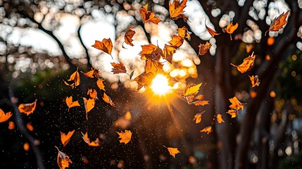 Autumn Leaves in Motion Against a Sunset Background