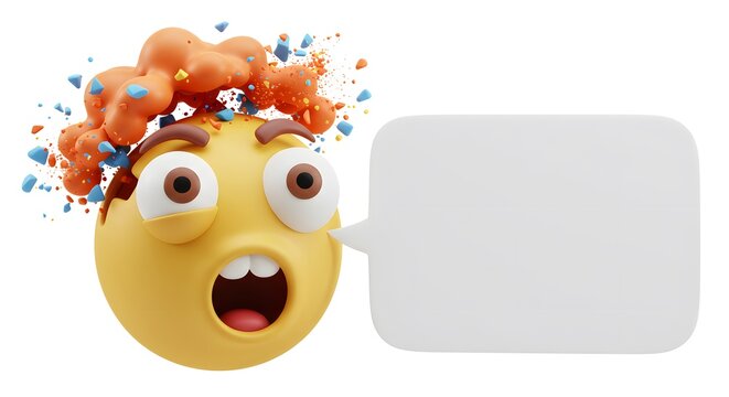 Surprised emoji head with speech bubble and exploding thoughts concept