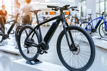 Fototapeta premium Showcasing modern electric bicycles in a bright urban bike shop with customers exploring options