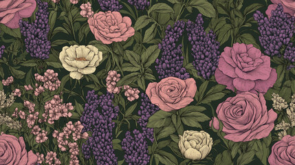 A seamless floral pattern featuring blooming roses, peonies, and lavender in soft pastel shades of pink, purple, and green, creating a vintage aesthetic perfect for elegant, romantic designs