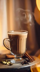 Fototapeta premium Warm masala chai with foam and spices – Ideal for comforting beverage content, cozy lifestyle promotions, or wellness brands.